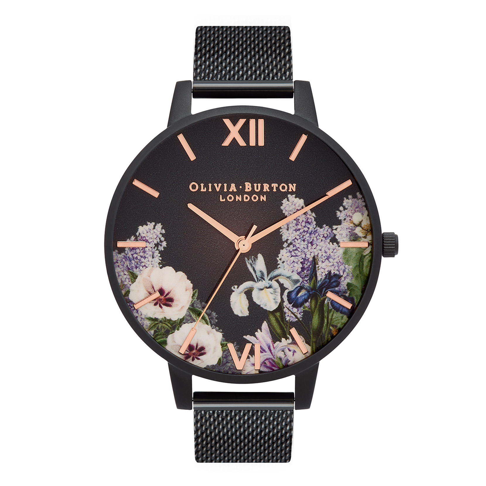 Secret Garden 38mm Rose Gold & Black Mesh Watch | Olivia Burton